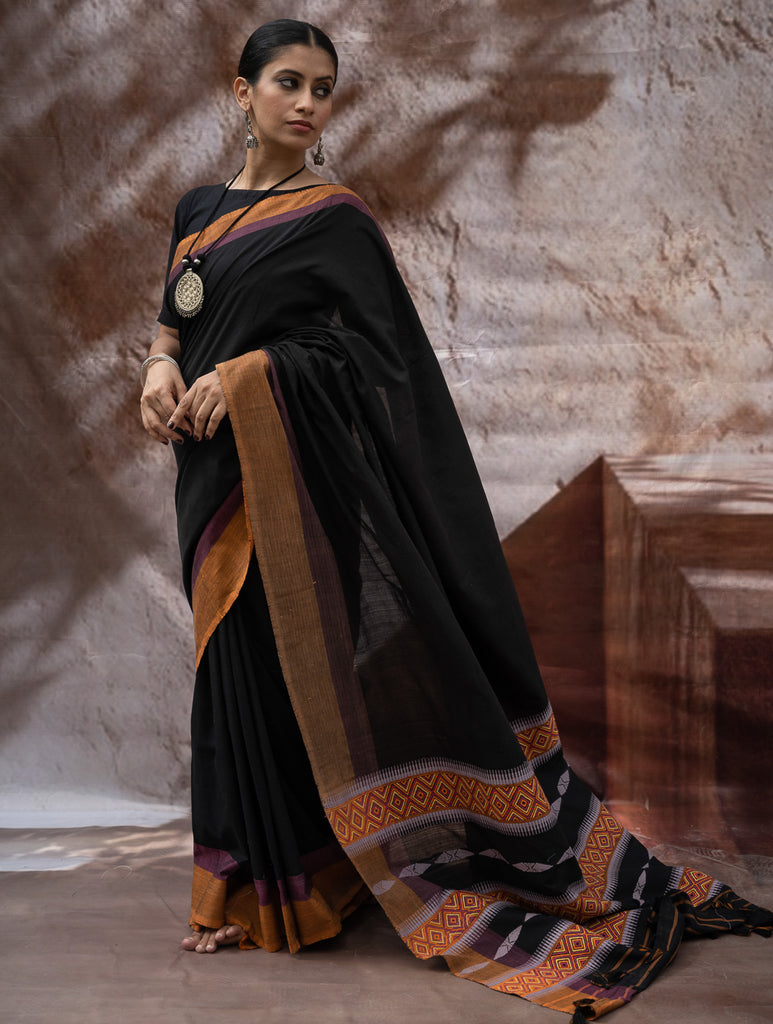 Striking Elegance. Exclusive Handwoven North-East Cotton Saree - Noir Prism