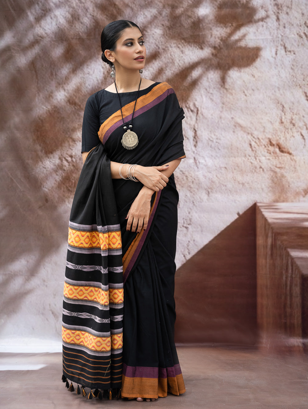 Load image into Gallery viewer, Striking Elegance. Exclusive Handwoven North-East Cotton Saree - Noir Prism