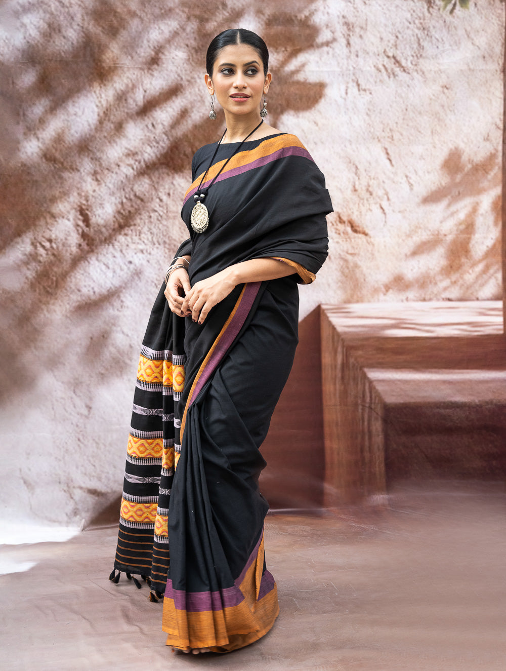 Load image into Gallery viewer, Striking Elegance. Exclusive Handwoven North-East Cotton Saree - Noir Prism