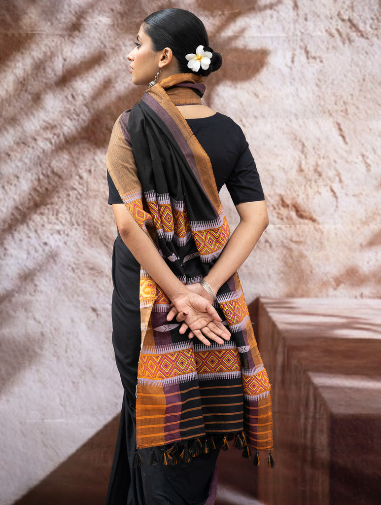 Striking Elegance. Exclusive Handwoven North-East Cotton Saree - Noir Prism