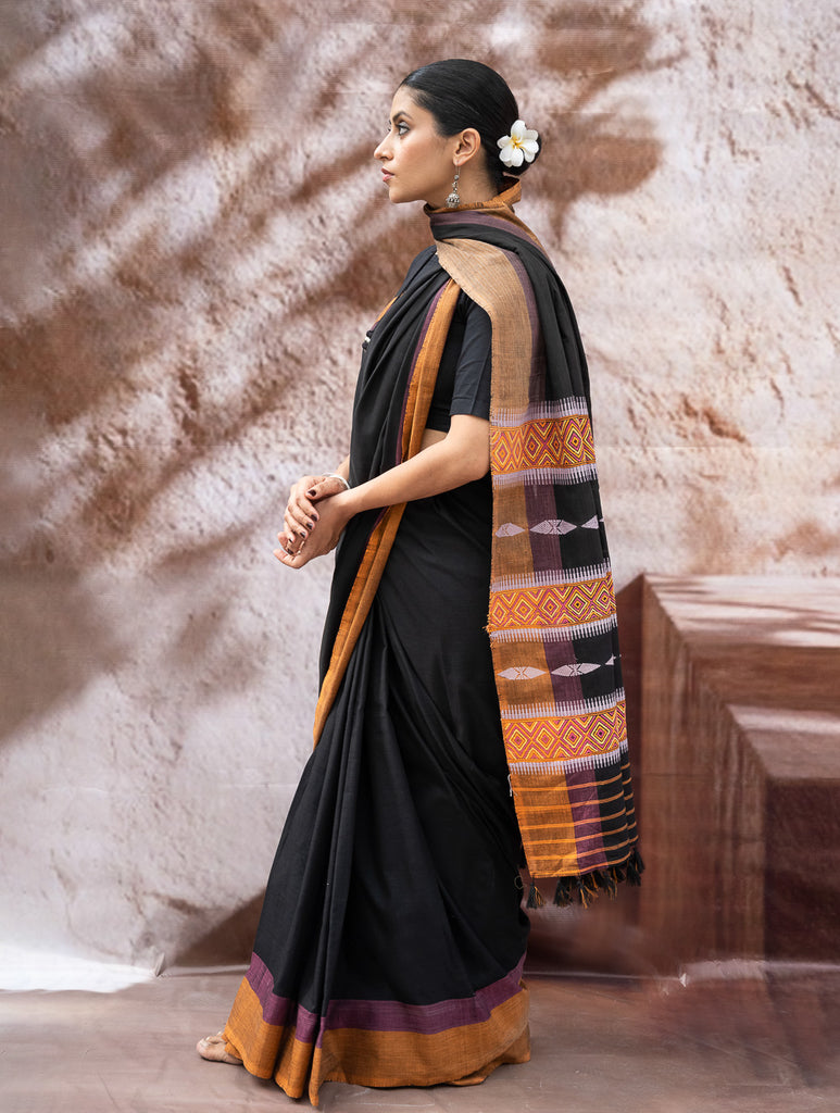 Striking Elegance. Exclusive Handwoven North-East Cotton Saree - Noir Prism