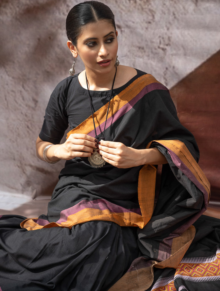 Striking Elegance. Exclusive Handwoven North-East Cotton Saree - Noir Prism