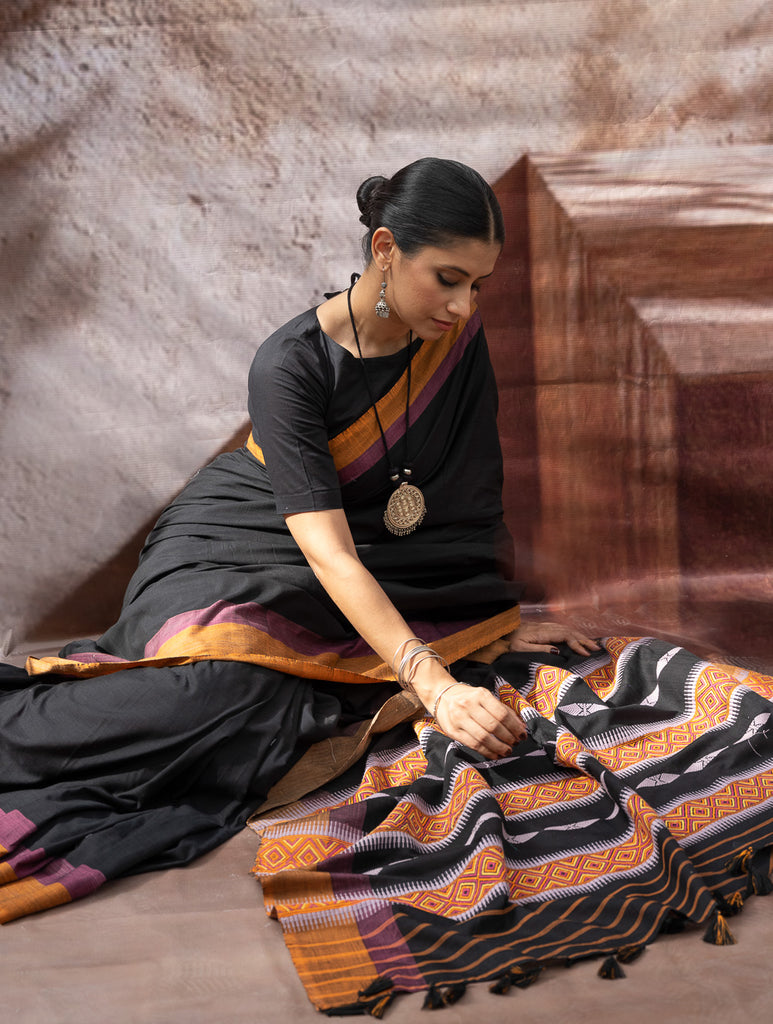 Striking Elegance. Exclusive Handwoven North-East Cotton Saree - Noir Prism