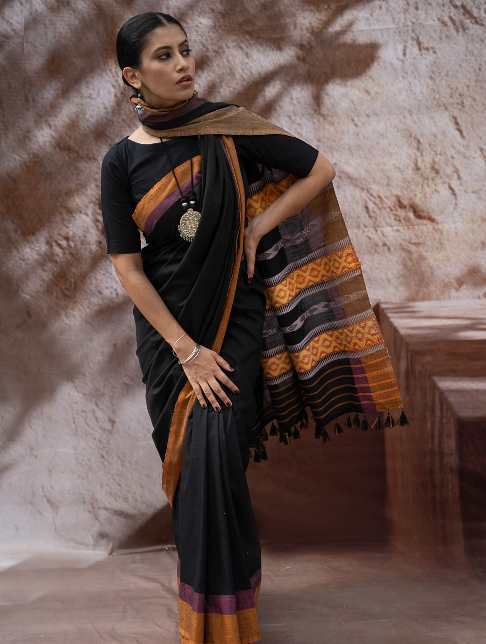 Load image into Gallery viewer, Striking Elegance. Exclusive Handwoven North-East Cotton Saree - Noir Prism