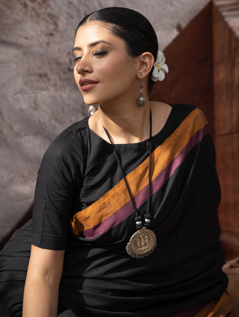 Striking Elegance. Exclusive Handwoven North-East Cotton Saree - Noir Prism