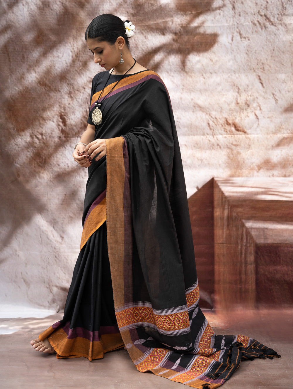 Load image into Gallery viewer, Striking Elegance. Exclusive Handwoven North-East Cotton Saree - Noir Prism