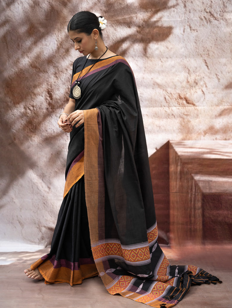 Striking Elegance. Exclusive Handwoven North-East Cotton Saree - Noir Prism