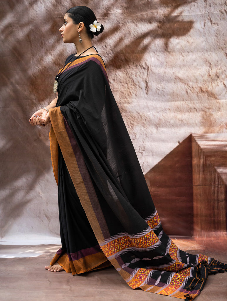 Striking Elegance. Exclusive Handwoven North-East Cotton Saree - Noir Prism