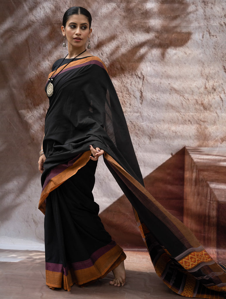 Striking Elegance. Exclusive Handwoven North-East Cotton Saree - Noir Prism