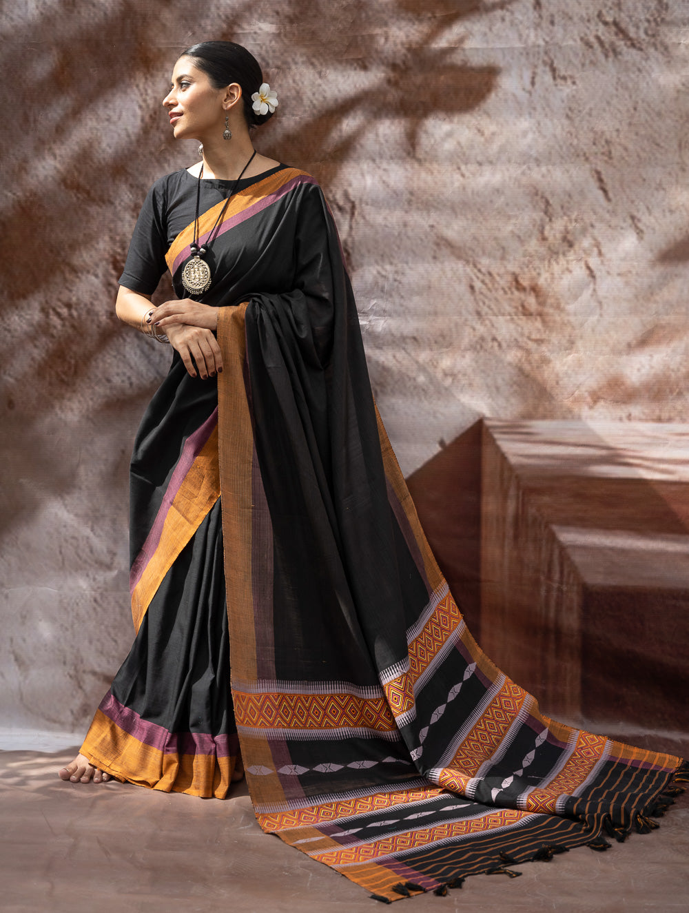 Load image into Gallery viewer, Striking Elegance. Exclusive Handwoven North-East Cotton Saree - Noir Prism