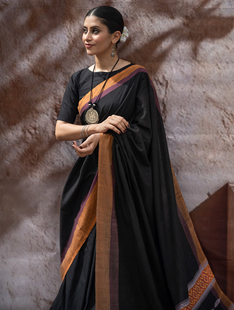 Striking Elegance. Exclusive Handwoven North-East Cotton Saree - Noir Prism