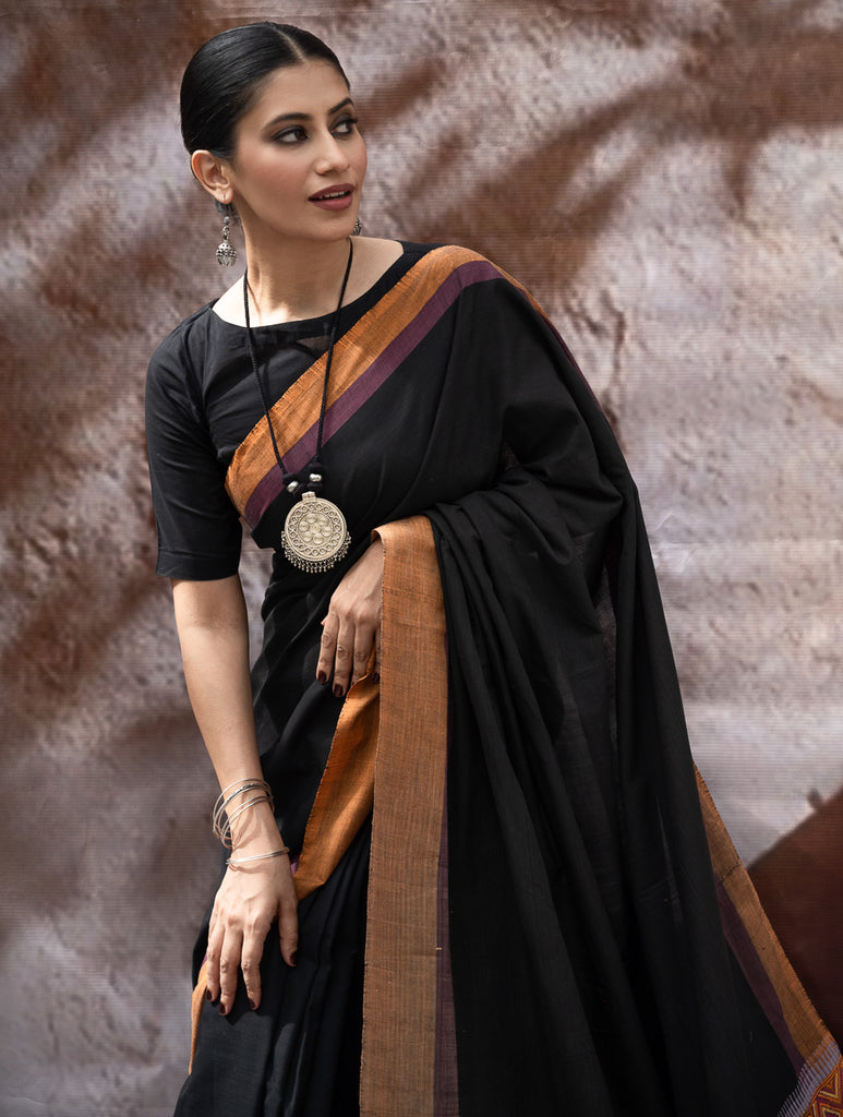 Striking Elegance. Exclusive Handwoven North-East Cotton Saree - Noir Prism