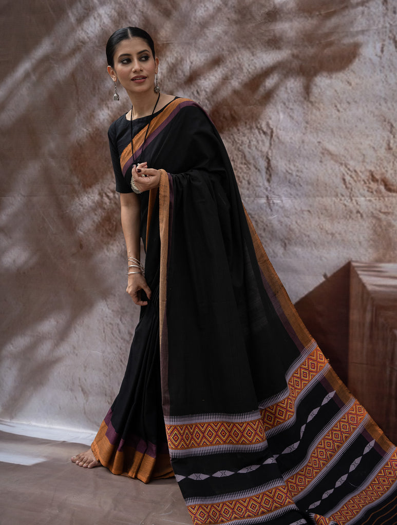 Striking Elegance. Exclusive Handwoven North-East Cotton Saree - Noir Prism