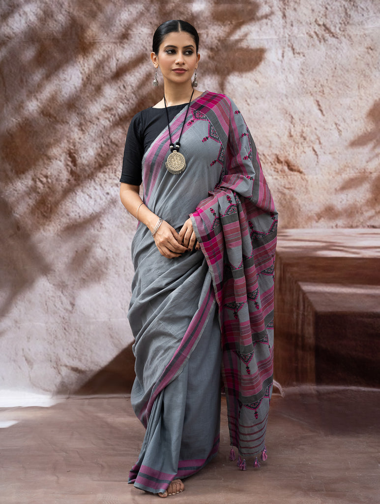 Striking Elegance. Exclusive Handwoven North-East Cotton Saree - Slate Reverie