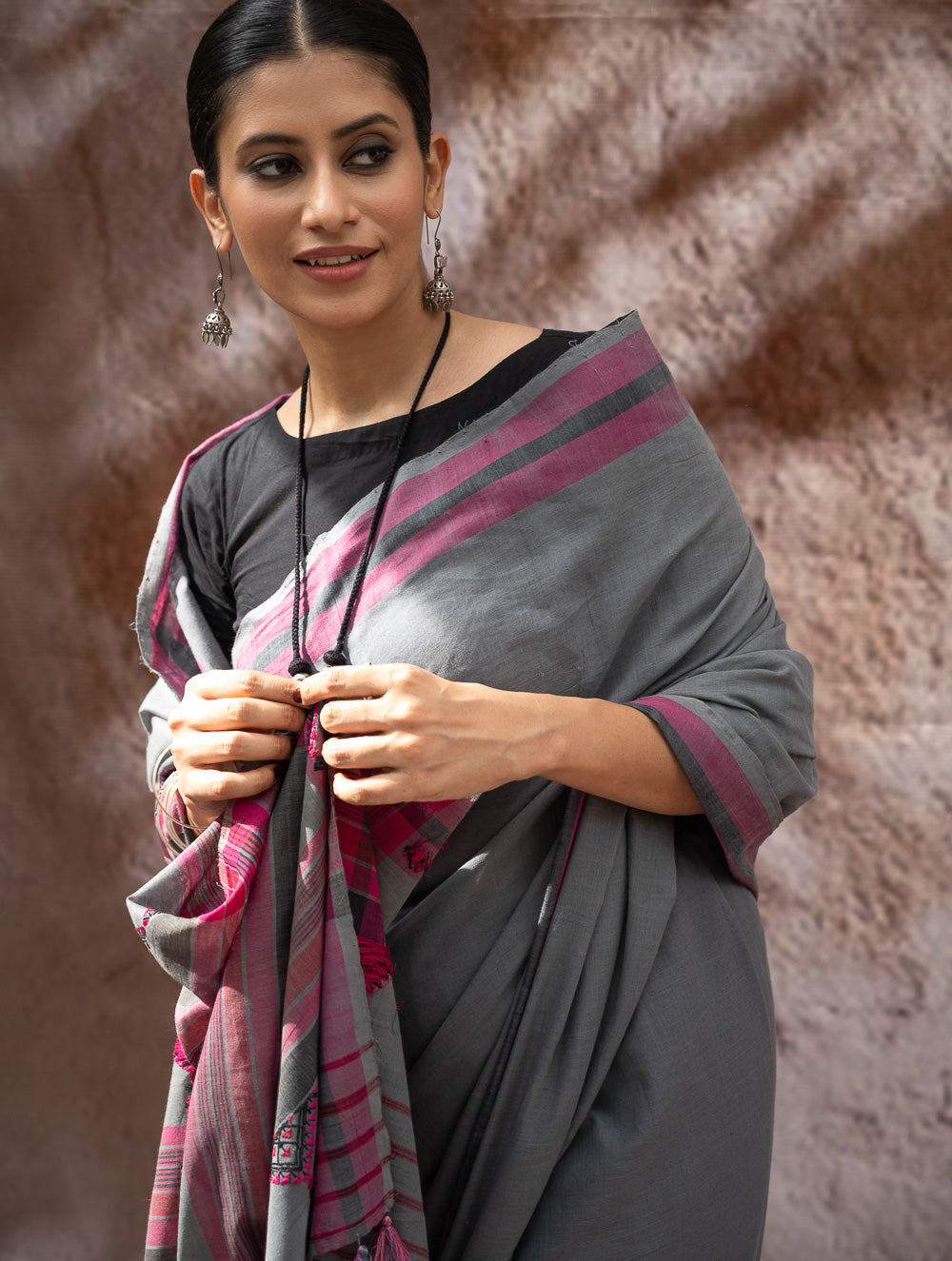 Load image into Gallery viewer, Striking Elegance. Exclusive Handwoven North-East Cotton Saree - Slate Reverie
