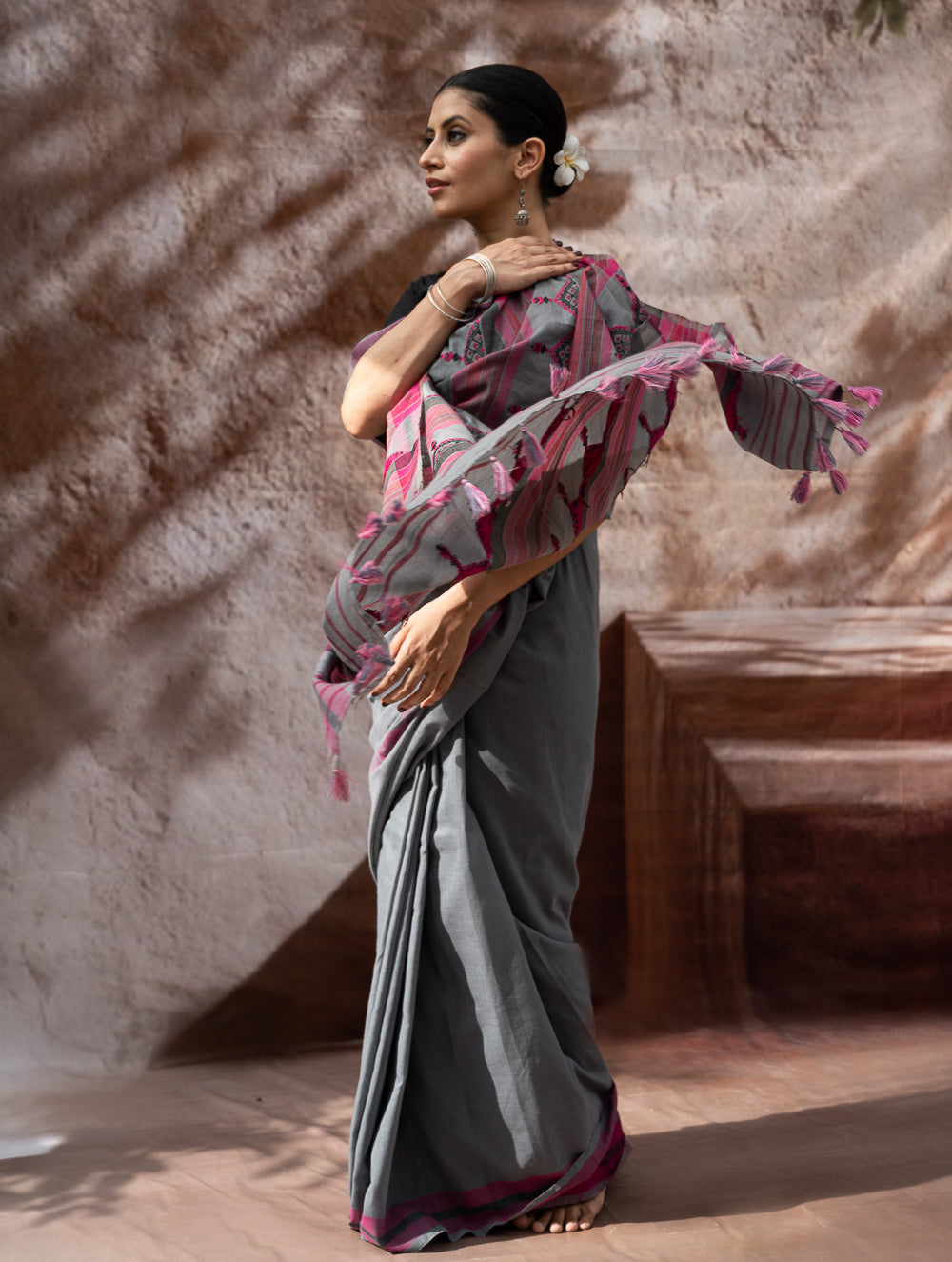 Load image into Gallery viewer, Striking Elegance. Exclusive Handwoven North-East Cotton Saree - Slate Reverie