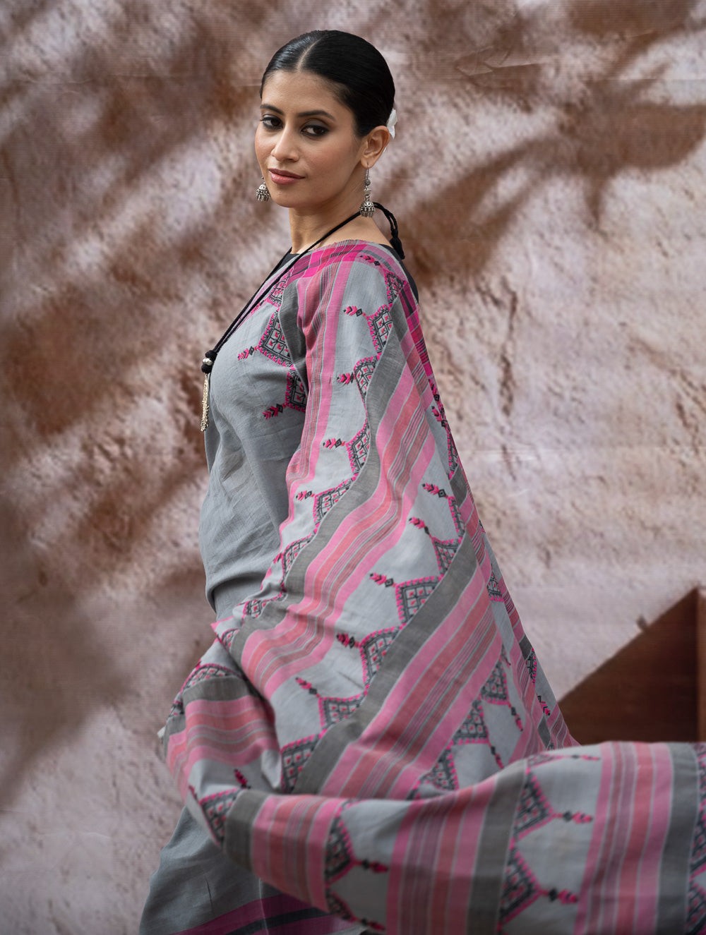 Load image into Gallery viewer, Striking Elegance. Exclusive Handwoven North-East Cotton Saree - Slate Reverie