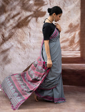Load image into Gallery viewer, Striking Elegance. Exclusive Handwoven North-East Cotton Saree - Slate Reverie