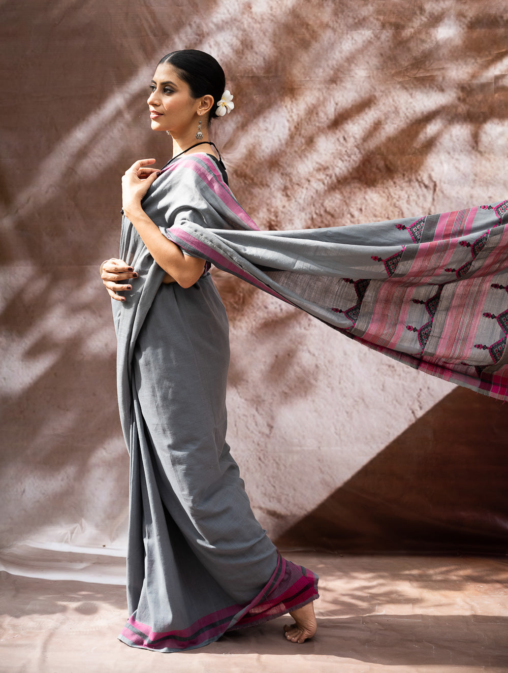 Load image into Gallery viewer, Striking Elegance. Exclusive Handwoven North-East Cotton Saree - Slate Reverie