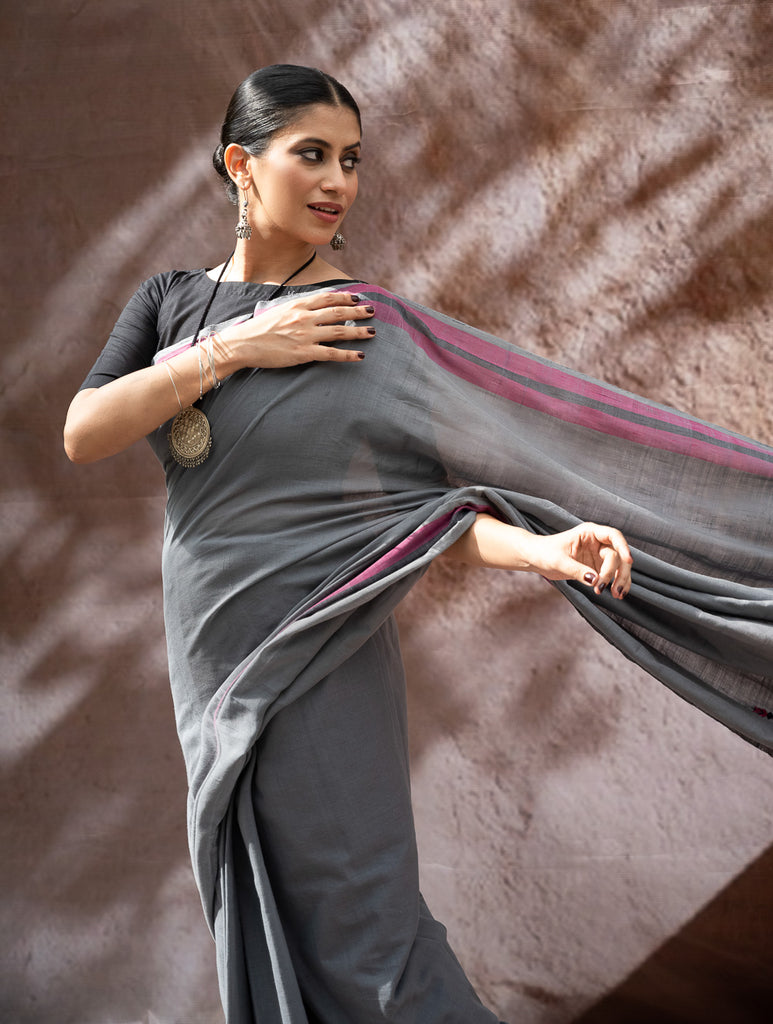 Striking Elegance. Exclusive Handwoven North-East Cotton Saree - Slate Reverie