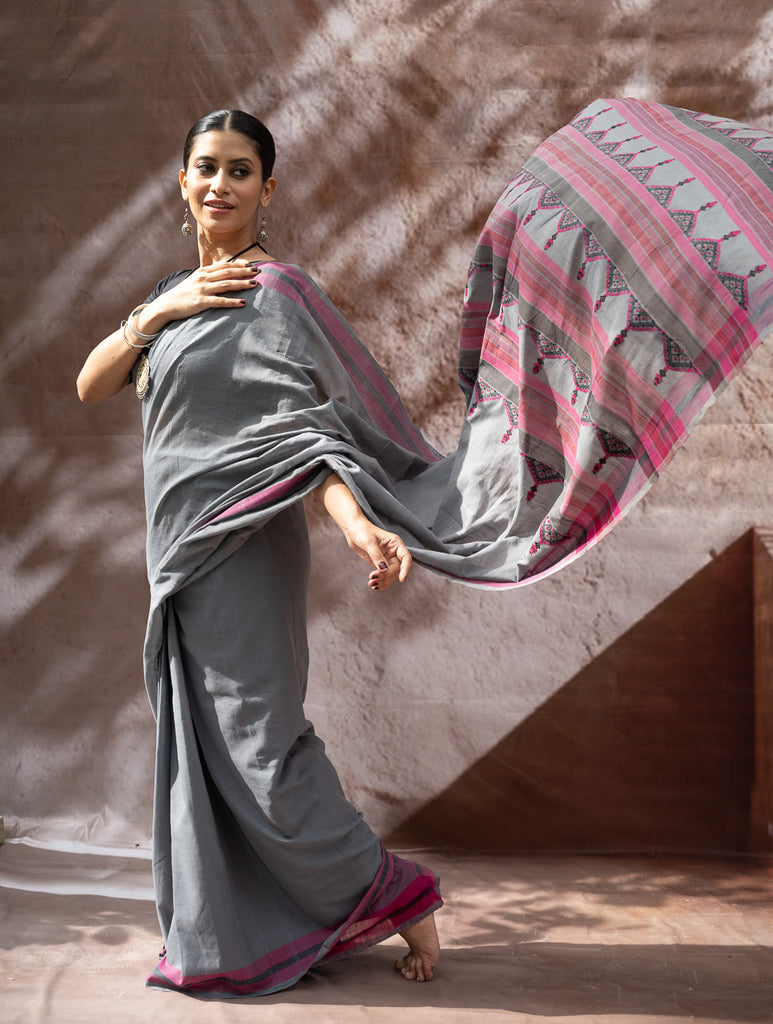 Striking Elegance. Exclusive Handwoven North-East Cotton Saree - Slate Reverie