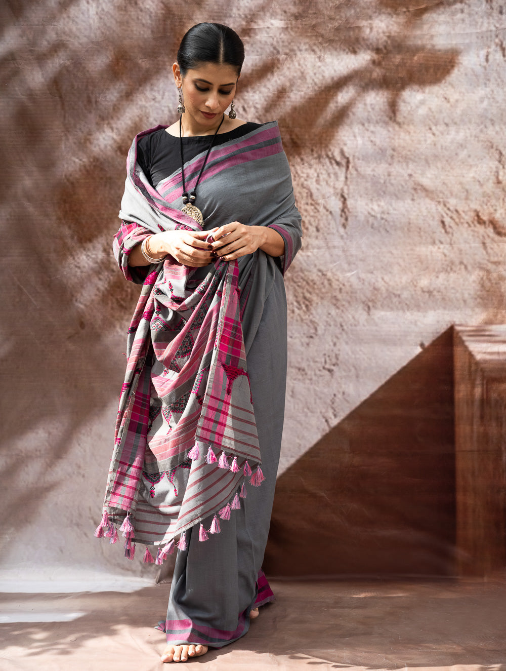 Load image into Gallery viewer, Striking Elegance. Exclusive Handwoven North-East Cotton Saree - Slate Reverie