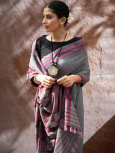 Load image into Gallery viewer, Striking Elegance. Exclusive Handwoven North-East Cotton Saree - Slate Reverie