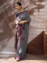 Load image into Gallery viewer, Striking Elegance. Exclusive Handwoven North-East Cotton Saree - Slate Reverie