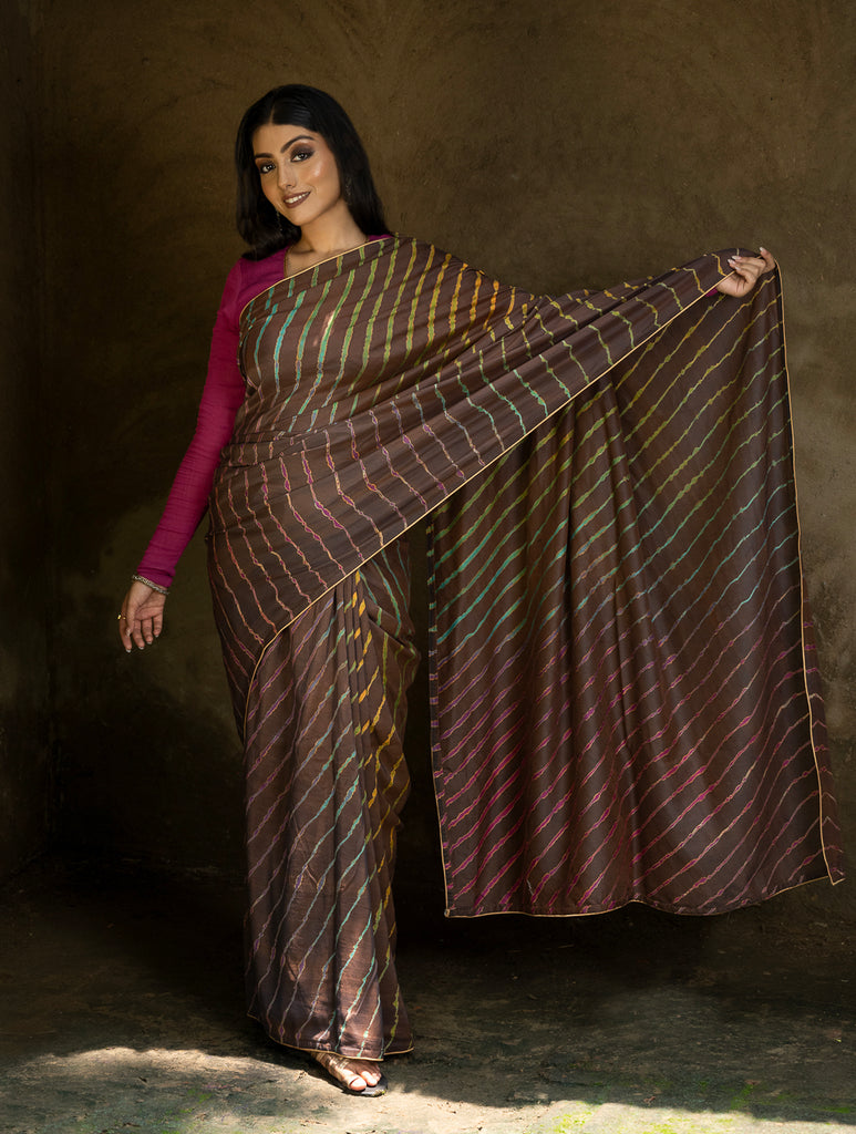 Striped Elegance. Hand Dyed Lehariya Chanderi Saree - Brown & Green