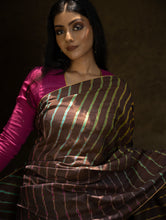 Load image into Gallery viewer, Striped Elegance. Hand Dyed Lehariya Chanderi Saree - Brown &amp; Green
