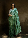 Striped Elegance. Hand Dyed Lehariya Chanderi Saree - Deep Green & Beige