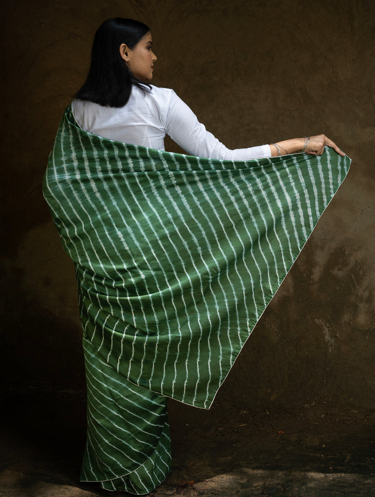 Striped Elegance. Hand Dyed Lehariya Chanderi Saree - Deep Green & Beige
