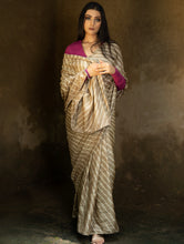 Load image into Gallery viewer, Striped Elegance. Hand Dyed Lehariya Tussore Silk Saree - Beige &amp; Pale Olive