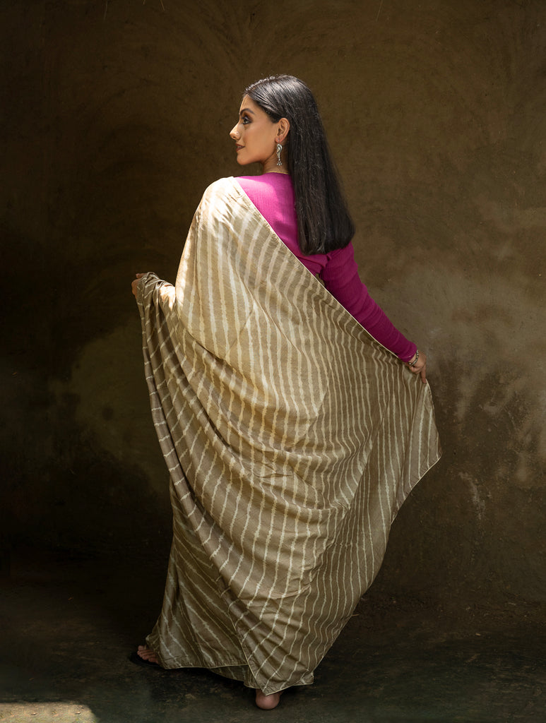 Striped Elegance. Hand Dyed Lehariya Tussore Silk Saree - Beige & Pale Olive