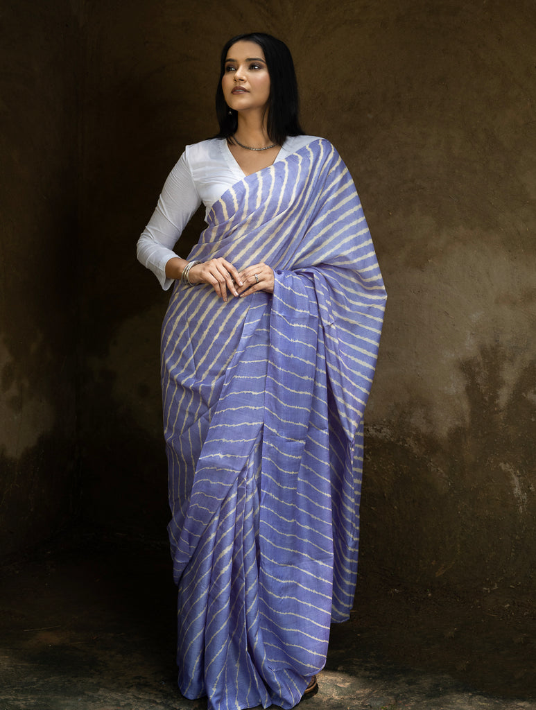 Striped Elegance. Hand Dyed Lehariya Tussore Silk Saree - Lavender & Beige