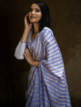 Load image into Gallery viewer, Striped Elegance. Hand Dyed Lehariya Tussore Silk Saree - Lavender &amp; Beige