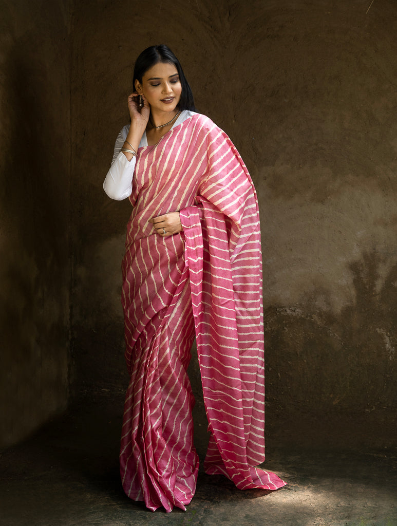 Striped Elegance. Hand Dyed Lehariya Tussore Silk Saree - Warm Pink & Beige