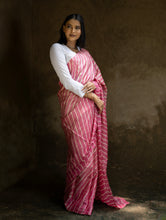 Load image into Gallery viewer, Striped Elegance. Hand Dyed Lehariya Tussore Silk Saree - Warm Pink &amp; Beige