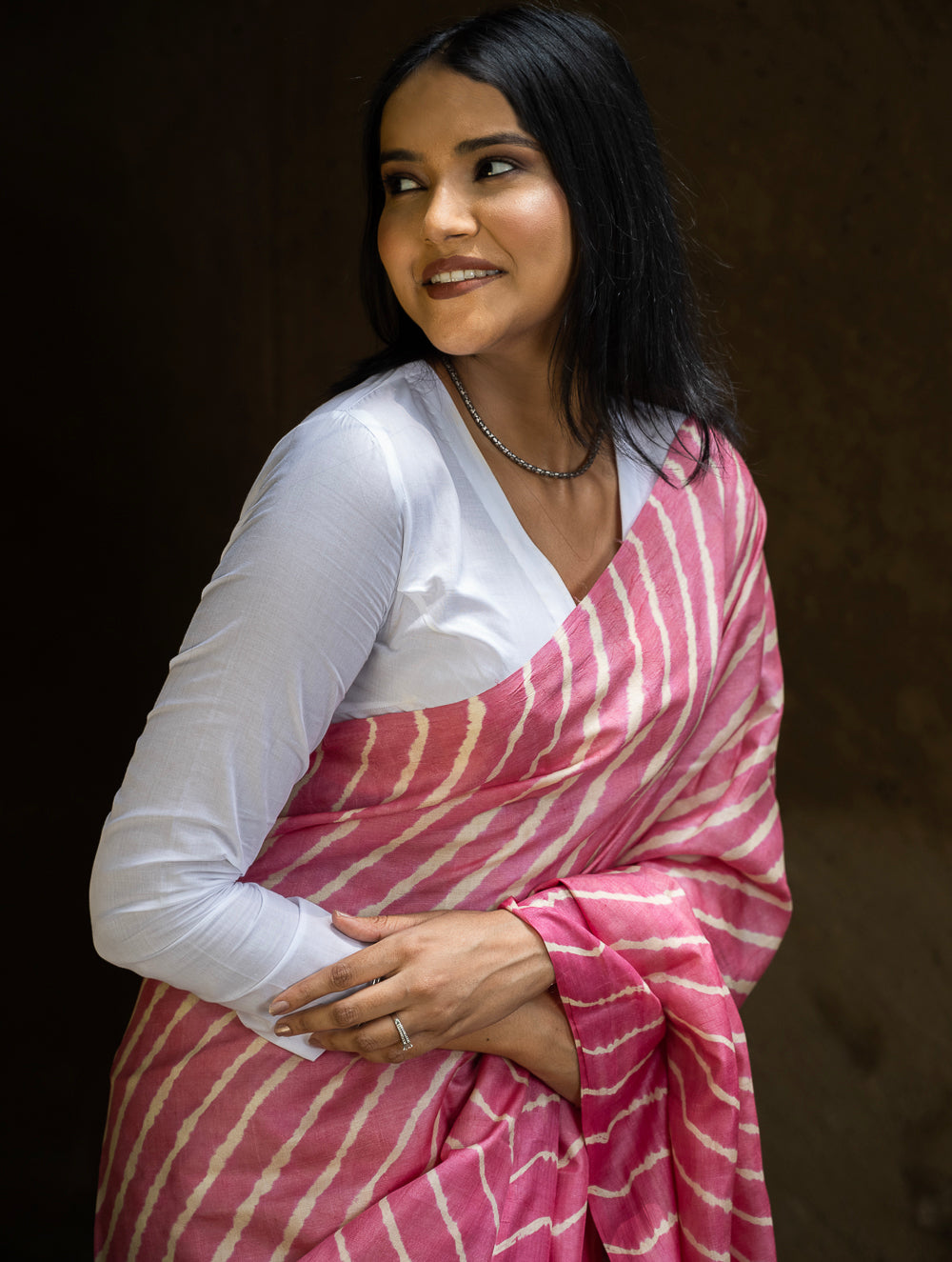 Load image into Gallery viewer, Striped Elegance. Hand Dyed Lehariya Tussore Silk Saree - Warm Pink &amp; Beige