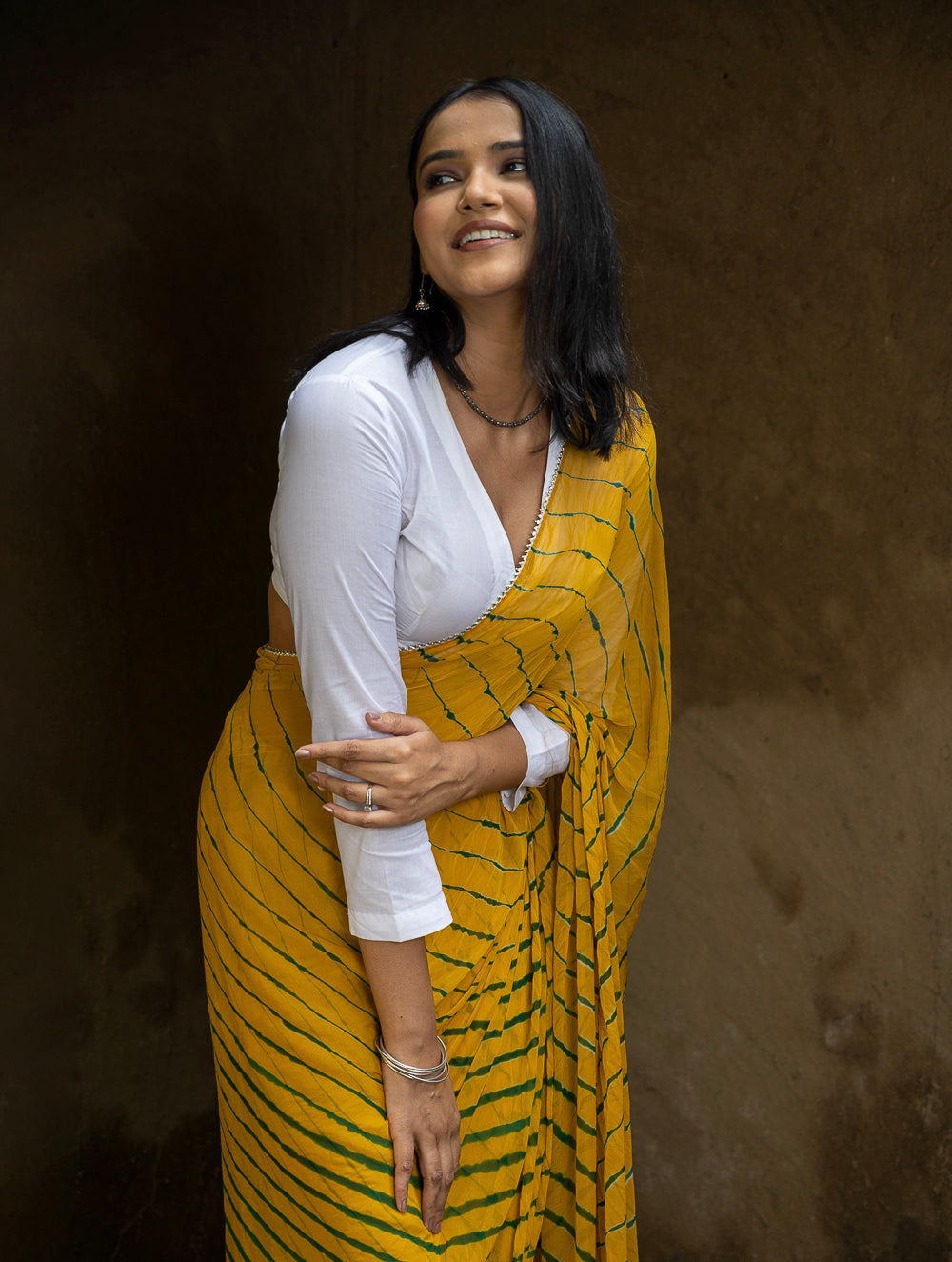 Load image into Gallery viewer, Striped Elegance. Lehariya Georgette Viscose Saree - Vibrant Yellow