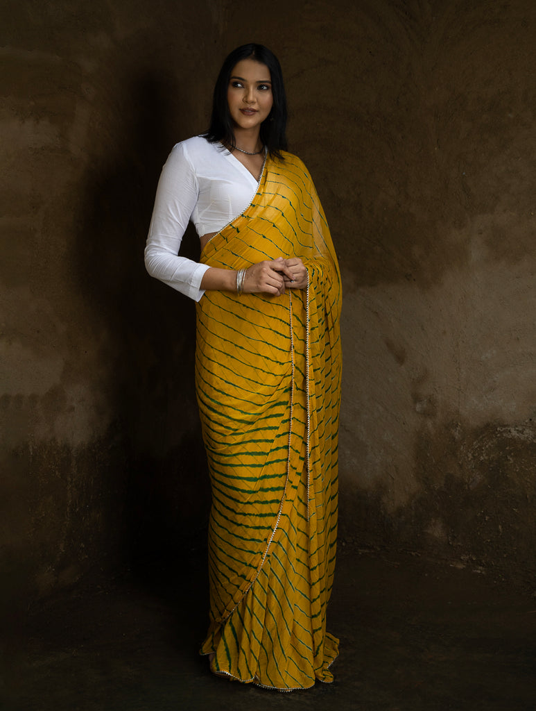 Striped Elegance. Lehariya Georgette Viscose Saree - Vibrant Yellow