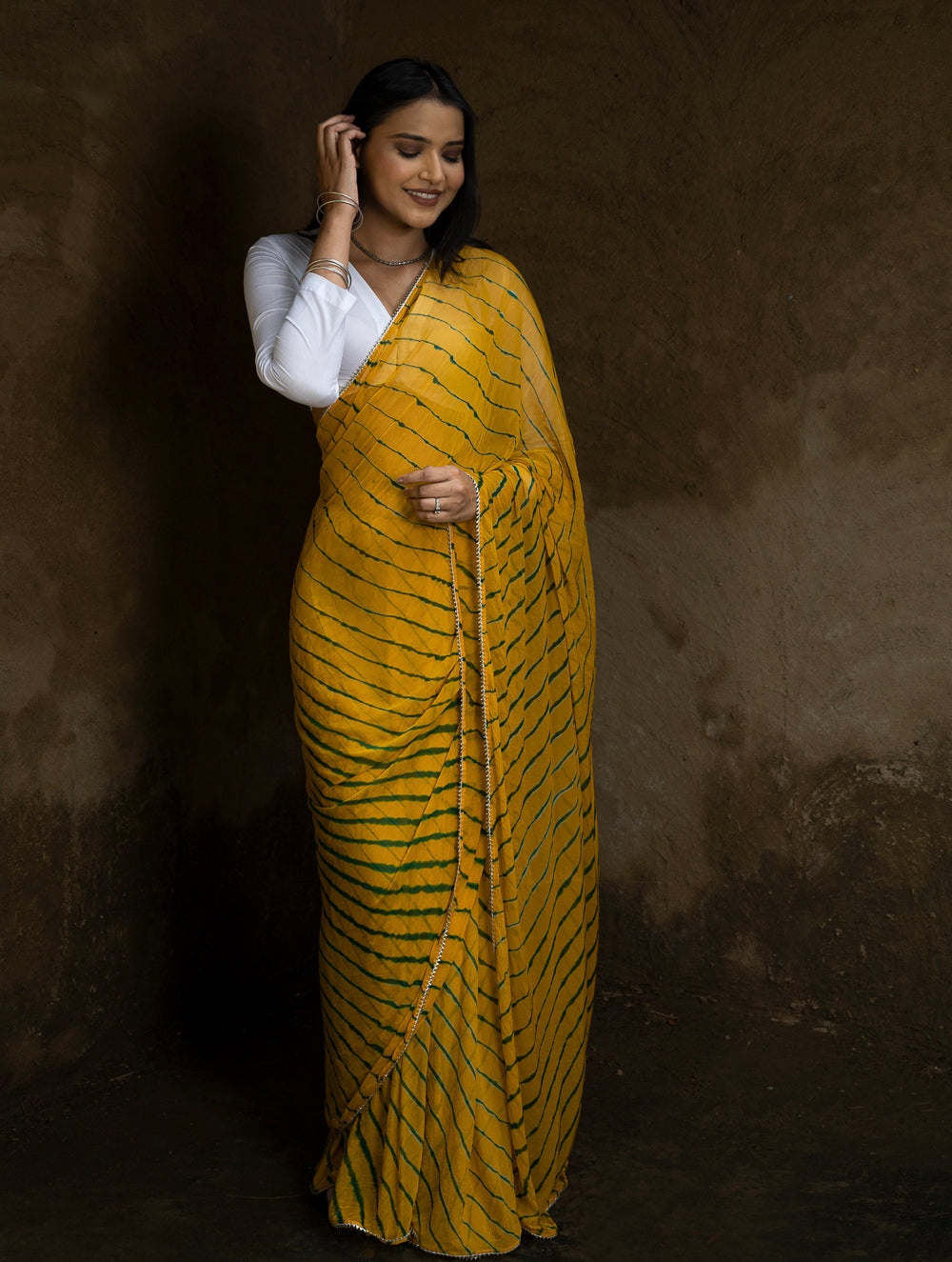 Load image into Gallery viewer, Striped Elegance. Lehariya Georgette Viscose Saree - Vibrant Yellow