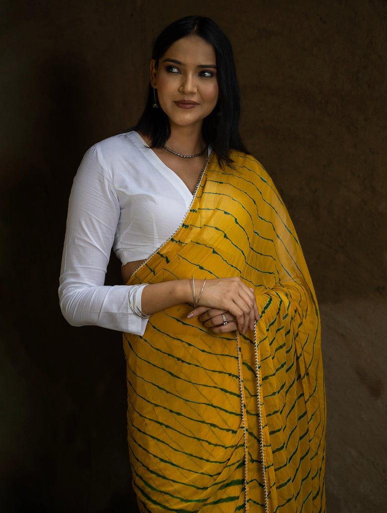 Striped Elegance. Lehariya Georgette Viscose Saree - Vibrant Yellow