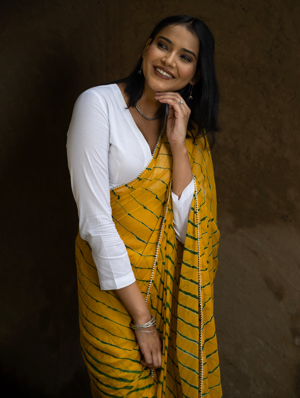 Load image into Gallery viewer, Striped Elegance. Lehariya Georgette Viscose Saree - Vibrant Yellow