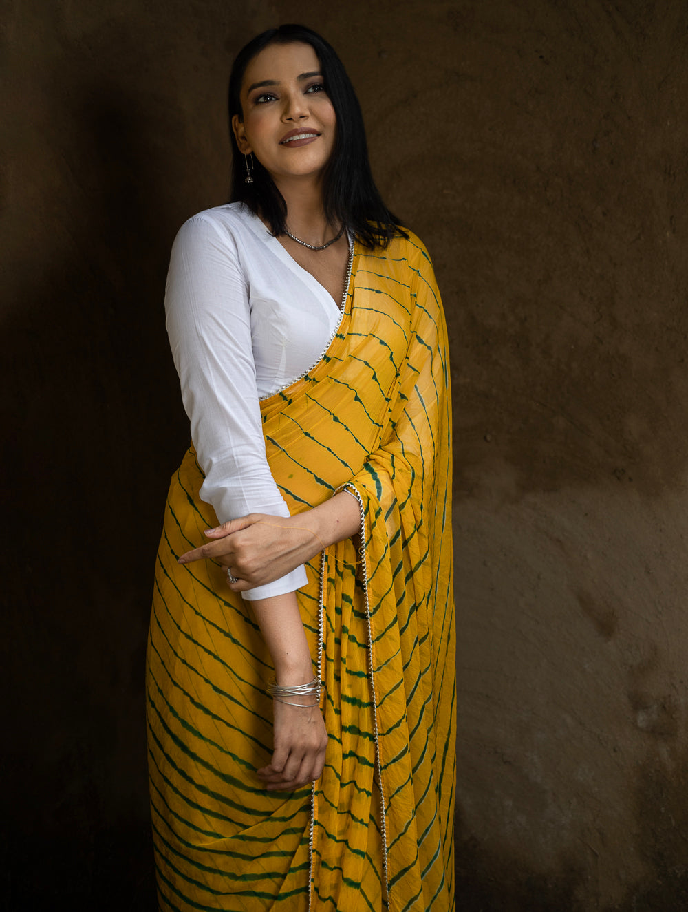 Load image into Gallery viewer, Striped Elegance. Lehariya Georgette Viscose Saree - Vibrant Yellow