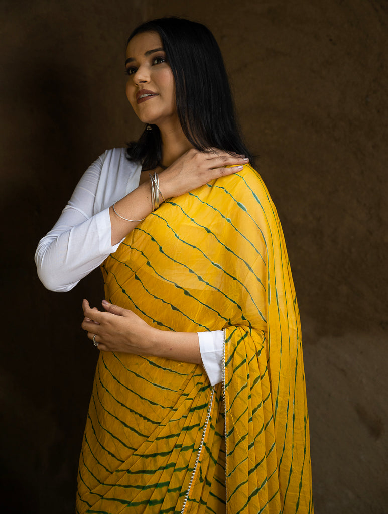 Striped Elegance. Lehariya Georgette Viscose Saree - Vibrant Yellow