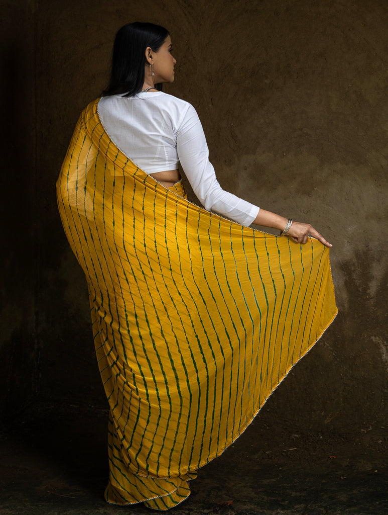 Striped Elegance. Lehariya Georgette Viscose Saree - Vibrant Yellow
