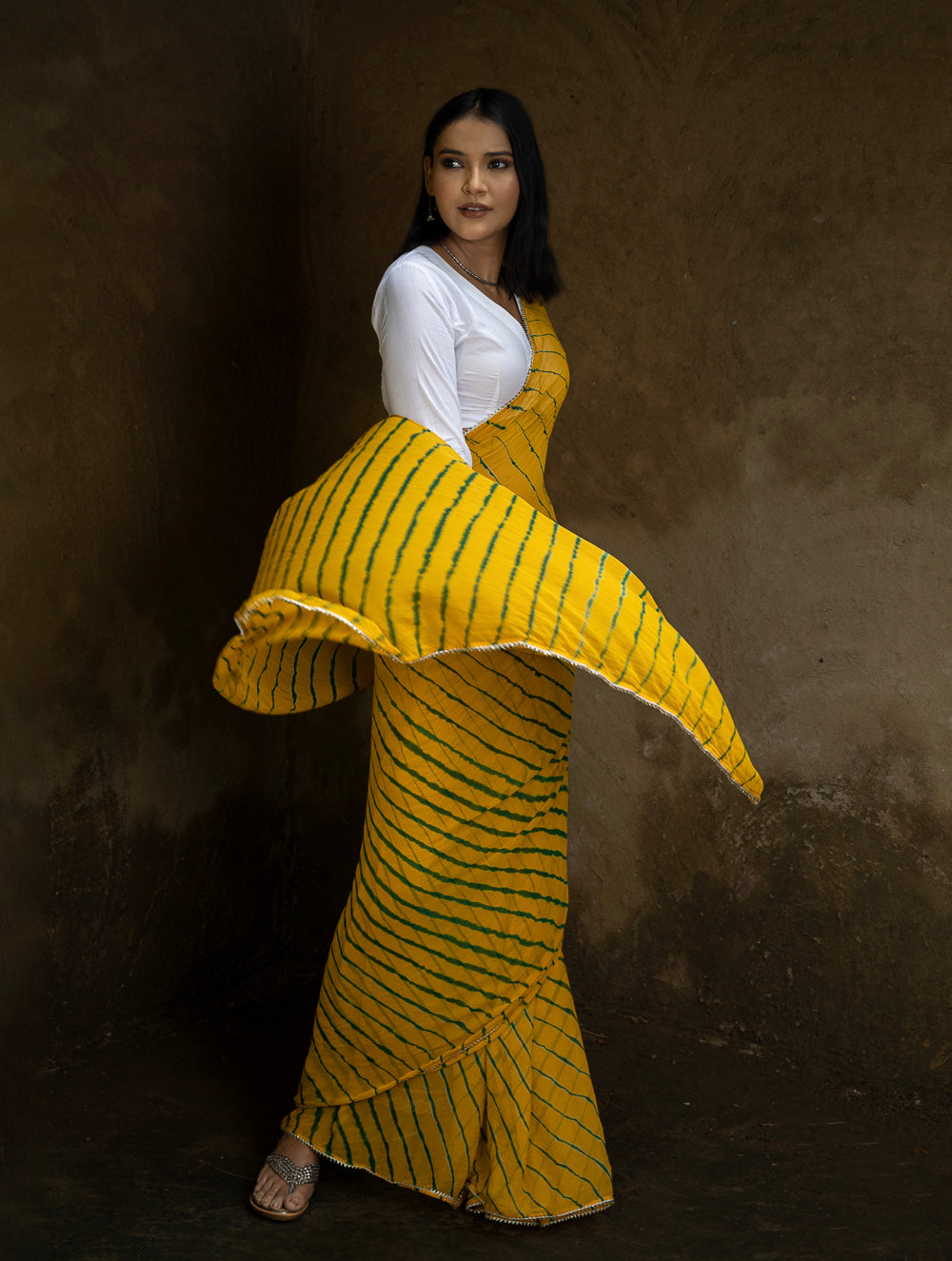 Load image into Gallery viewer, Striped Elegance. Lehariya Georgette Viscose Saree - Vibrant Yellow