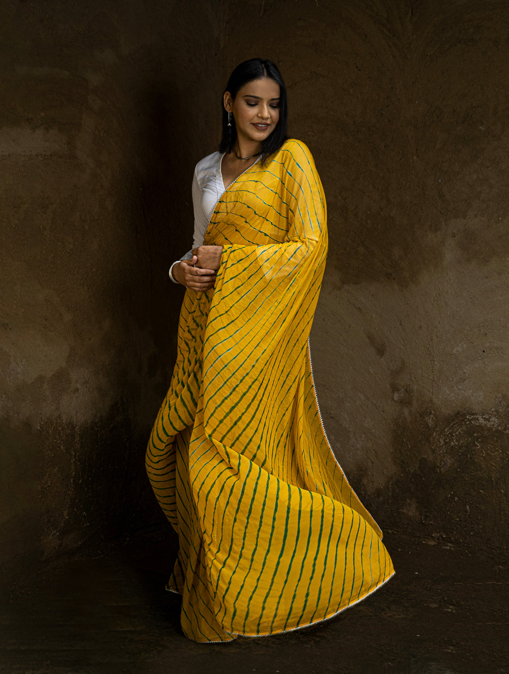 Load image into Gallery viewer, Striped Elegance. Lehariya Georgette Viscose Saree - Vibrant Yellow