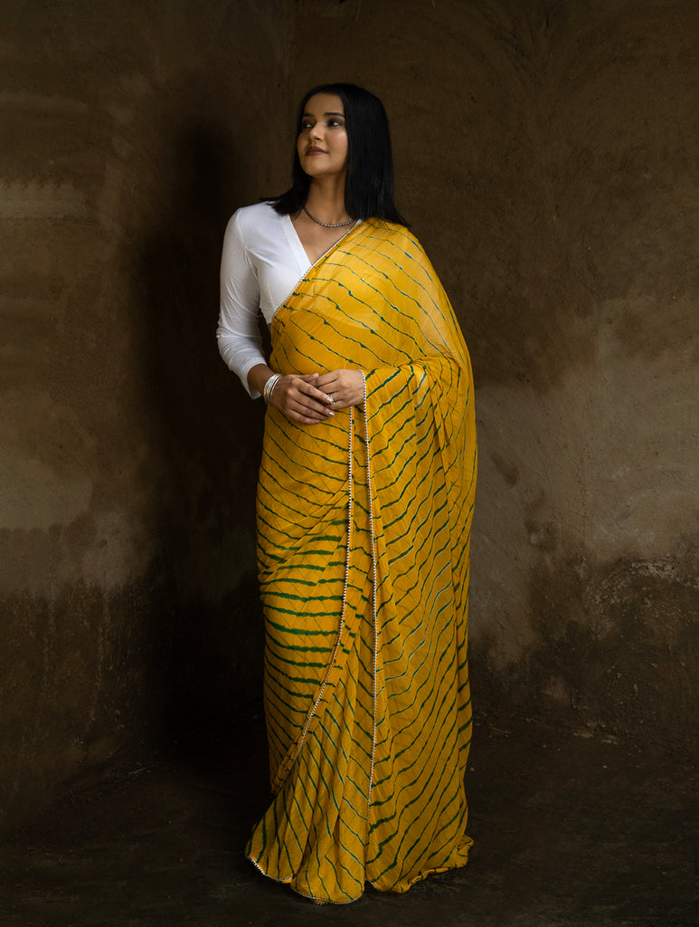 Striped Elegance. Lehariya Georgette Viscose Saree - Vibrant Yellow